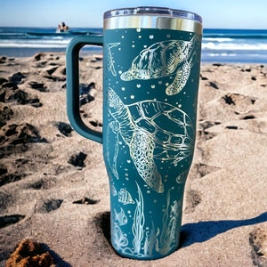 Sea Turtles 40 oz Maars Charger SS Insulated Tumbler with Handle, Laser Engraved tumbler, 40 oz tumbler with name, birthday gift for him/her