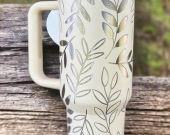 Abstract Leaves Laser Engraved Tumbler, Insulated Stainless Steel Cup with Handle, Customizable with Name