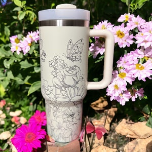 Butterfly & flower 30 oz or 40 oz Stainless Steel Insulated Tumbler with Handle, Laser Engraved tumbler with name, birthday gift for him/her