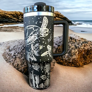Sea Turtles 30 oz or 40 oz Stainless Steel Insulated Tumbler with Handle, Laser Engraved tumbler, personalized, birthday gift for him/her