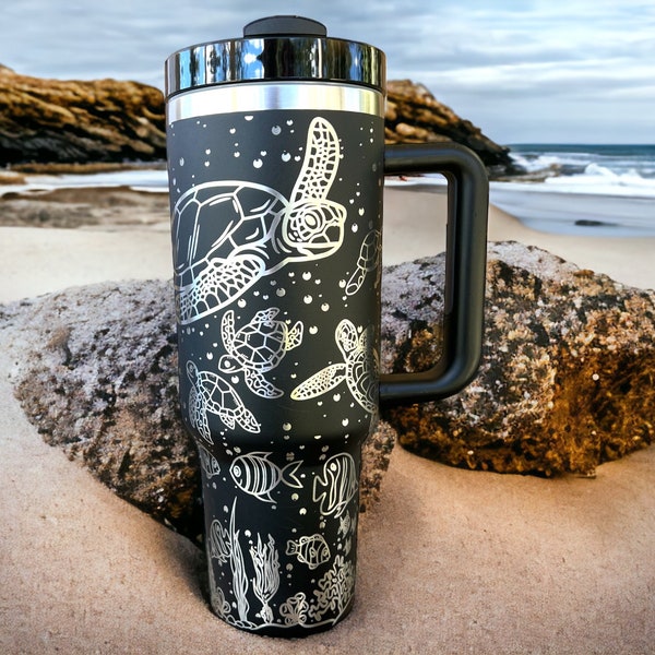 Sea Turtles 30 oz or 40 oz Stainless Steel Insulated Tumbler with Handle, Laser Engraved tumbler, personalized, birthday gift for him/her