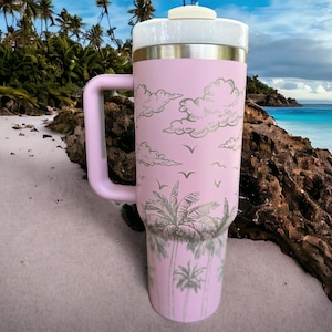 Tropical 30 oz or 40 oz Stainless Steel Insulated Tumbler with Handle, Laser Engraved tumbler with name, birthday gift for him/her