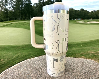 Golf Lover Laser Engraved Tumbler, Insulated Stainless Steel Cup with Handle, Customizable with Name