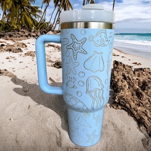 Sea Life 30 oz or 40 oz Stainless Steel Insulated Tumbler with Handle, Laser Engraved tumbler with name, birthday gift for him/her