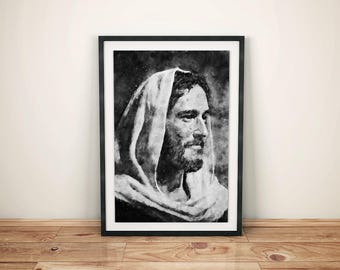 Jesus Christ Portrait: Black and White Christian Wall Art (Digital Download)