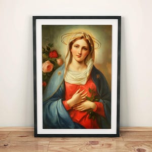 Portrait Of Virgin Mary, Mary, Rosary, Sacred Heart, Divine Ligh, Religious Art, Digital Painting, Faith Decor, Spiritual Art, Holy Mother