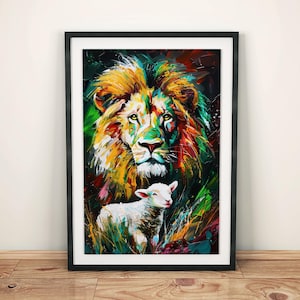 Lion and Lamb Colorful Oil Painting,Jesus Christ Art, Jesus Lion Digital Artwork, Digital Downloadable, Download Printable, Instant Download
