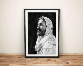 Jesus Christ Portrait: Black and White Watercolor Painting (Digital Download)