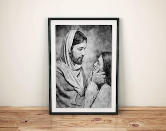 Jesus Christ Art: Wiping Tears Black and White Print (Digital Download)