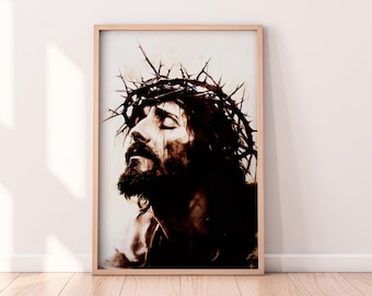 Puede incluir: Una pintura en blanco y negro de un hombre con una corona de espinas en la cabeza. El hombre está mirando hacia arriba y tiene los ojos cerrados. La pintura está hecha en un estilo realista.