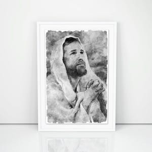 Jesus Christ Praying, Black And White, Jesus Christ Painting Art, Jesus Digital Artwork, Digital Downloadable, Download Printable