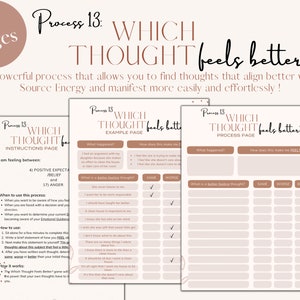 May include: A printable worksheet with the title "Which Thought Feels Better?"  This worksheet is part of a three-page process to help you find thoughts that align better with Source Energy and manifest more easily and effortlessly. The worksheet includes instructions, an example page, and a process page.