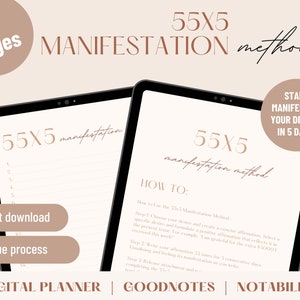 Könnte beinhalten: Ein digitaler Planer für die 55x5-Manifestationsmethode. Der Planer ist für die Verwendung mit den Apps Goodnotes und Notability konzipiert. Der Planer hat ein rosa-weißes Farbschema und umfasst eine Titelseite, Anweisungen und 5 Tage Journal-Platz. Der Text auf dem Planer lautet "Beginnen Sie, Ihre Träume in 5 Tagen zu manifestieren."