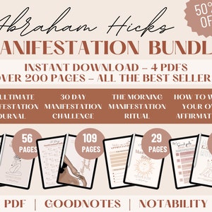 May include: A digital download bundle of four manifestation journals with a total of over 200 pages. The bundle includes "The Ultimate Manifestation Journal", "30 Day Manifestation Challenge", "The Morning Manifestation Ritual", and "How to Write Your Own Affirmations".