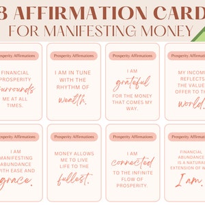 May include: A set of 48 affirmation cards for manifesting money. Each card features a different prosperity affirmation in a handwritten style font. The cards are arranged in a grid, with a light beige background and a green money graphic.