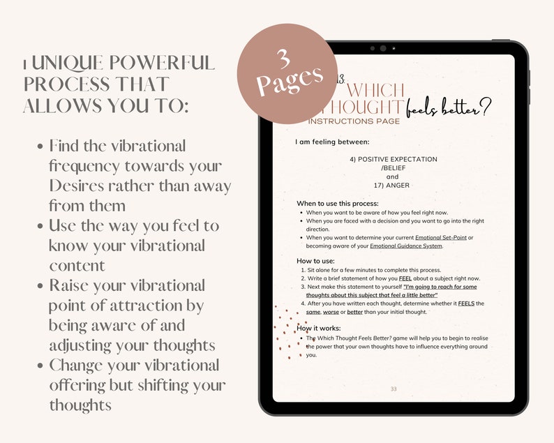 May include: A digital worksheet with the title "Which Thought Feels Better?" and instructions on how to use a process to become aware of your current emotional state. The worksheet includes a list of steps to follow and a section on how the process works.