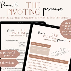 May include: A digital tablet screen displaying a worksheet titled "The Pivoting Process" based on the teachings of Abraham Hicks. The worksheet is divided into two sections: "Instructions Page" and "Example Page". The instructions page includes a question about feelings and a section on how to use the process. The example page includes a question about what you don't want and a section about what you do want.