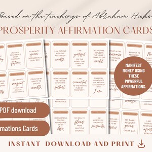 Peut inclure: Un ensemble de 48 cartes d'affirmation imprimables avec un schéma de couleurs brun et blanc. Les cartes présentent des affirmations positives sur la prospérité et la richesse basées sur les enseignements d'Abraham Hicks. Le texte sur les cartes comprend des phrases comme "Je suis maître de la manifestation de l'argent" et "Ma richesse croît exponentiellement chaque jour".