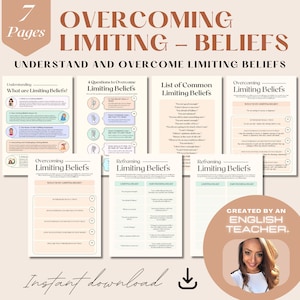 Puede incluir: Un conjunto de hojas de trabajo imprimibles con el título "Superar las creencias limitantes" en un esquema de color rosa y verde. Las hojas de trabajo incluyen indicaciones y ejercicios para ayudar a identificar y superar las creencias limitantes. El conjunto incluye siete páginas y está disponible para descarga instantánea. La imagen también incluye una foto de una mujer con el texto "Creado por un profesor de inglés."