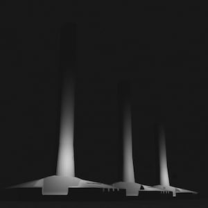 May include: A black and white photograph of three tall, thin, white structures against a dark background. The structures are evenly spaced and appear to be made of concrete or metal.