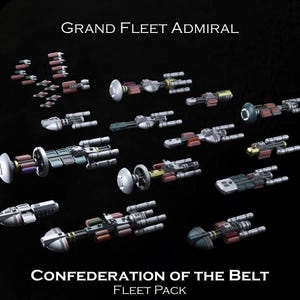 May include: A collection of 15 miniature spaceships, painted in various colours, with the text "Grand Fleet Admiral" and "Confederation of the Belt Fleet Pack" on a black background.