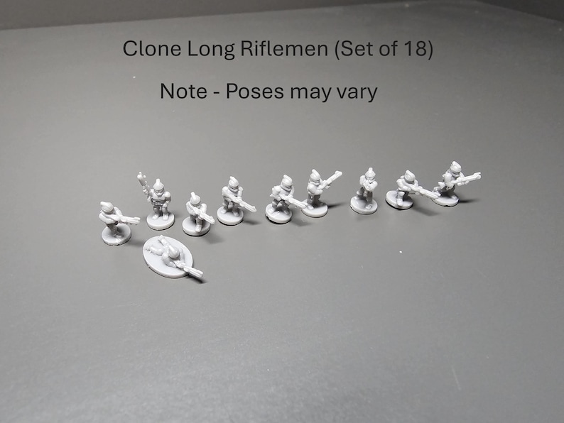 May include: A collection of 18 miniature Clone Long Riflemen figures in light grey. The figures are posed with rifles. Text reads "Clone Long Riflemen (Set of 18)" and "Note - Poses may vary".