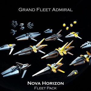 May include: A fleet of 12 futuristic spaceships, including a large flagship labeled "Grand Fleet Admiral" and smaller ships labeled "Nova Horizon Fleet Pack". The ships are silver and gray with yellow accents and are flying against a black background.