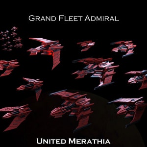 Könnte beinhalten: Eine Flotte roter Raumschiffe mit dem Text "Grand Fleet Admiral" und "United Merathia" auf schwarzem Hintergrund.