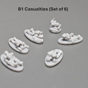 K&ouml;nnte beinhalten: Set mit sechs grauen Miniatur-Opfern, jeweils auf einer kleinen ovalen Basis. Der Text "B1 Casualties (Set of 6)" steht oben. Diese Miniaturen sind wahrscheinlich f&uuml;r ein Tabletop-Spiel.
