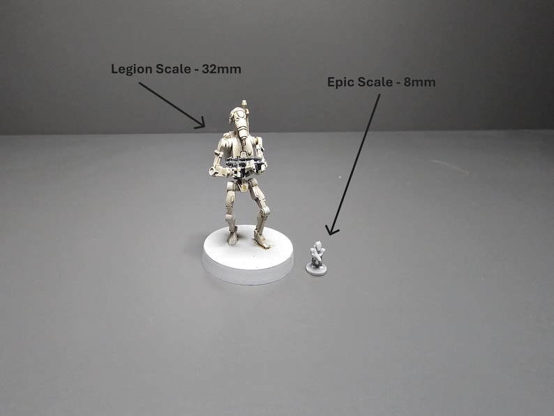 K&ouml;nnte beinhalten: Zwei Miniaturfiguren, eine 32 mm hohe und eine 8 mm hohe, werden auf einer grauen Oberfl&auml;che gezeigt. Die gr&ouml;&szlig;ere Figur ist ein detaillierter roboterartiger Charakter, w&auml;hrend die kleinere eine vereinfachte Version ist. Text zeigt die Skalierung.