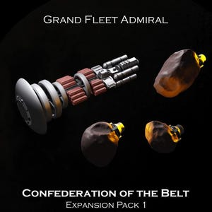 以下が含まれることがあります： 「Confederation of the Belt」拡張パック1の「Grand Fleet Admiral」と呼ばれる宇宙船のモデル。宇宙船は銀色と灰色で、赤と黒のディテールが施されています。画像には4つの小惑星があり、そのうち3つは茶色で、1つはオレンジ色です。