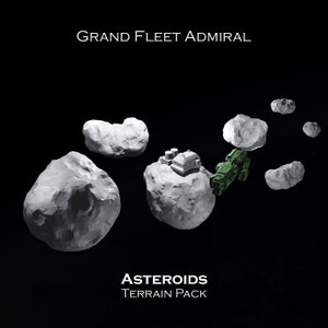 May include: A green spaceship flies near a group of grey asteroids. The text "GRAND FLEET ADMIRAL" is at the top of the image. The text "ASTEROIDS TERRAIN PACK" is at the bottom of the image.