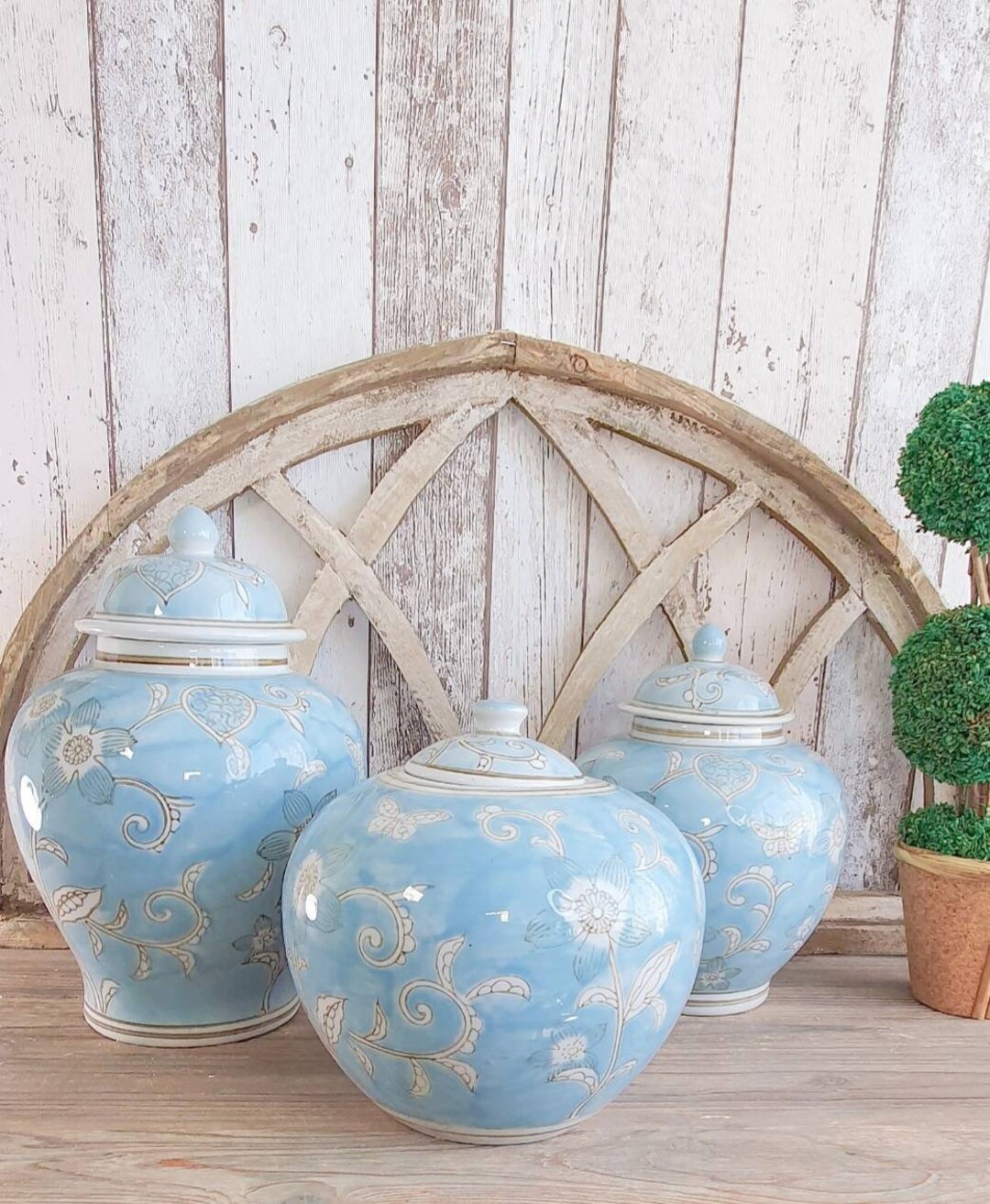 Lid Vase Ginger Jar Light Blue Hand Painted Etsy