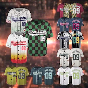 May include: A collection of baseball jerseys in various colors and designs. Each jersey features the number "09" and space for a team name or custom text. Styles include checkered, striped, and solid color options.