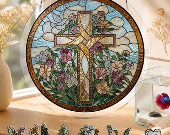 Atrapasueños acrílico con forma de cruz, vidriera cristiana para colgar en la ventana, decoración para el hogar inspirada en la fe, regalo religioso, atrapasueños espiritual.
