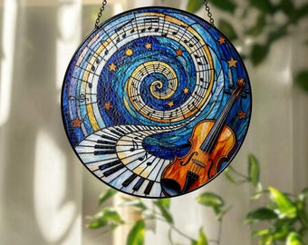 Atrapasueños musical de vidrieras, adorno colgante para ventana con teclado de violín y piano, decoración para amantes de la música.
