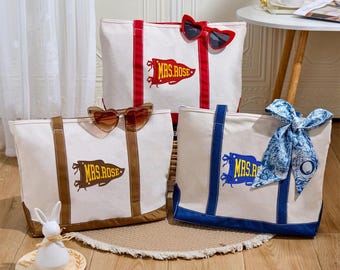 Bolso de mano personalizado bordado para profesoras con cinta bonita, bolso de playa de lona con nombre personalizado, regalo para profesoras, bolso para el trabajo escolar, bolso para las vacaciones de verano.