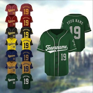 May include: A collection of short-sleeve button-down baseball jerseys in various colors including red, black, yellow, blue, and green. Each jersey features the text Teamname on the front, the number 19, and the placeholder text Your Name on the back.