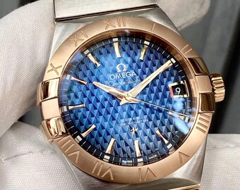 Omega Constellation Men Co-Axial 18k Rose Gold Steel Blue Dial 123.20.38.21.03.001 , Gift For Him ,Gift For Her