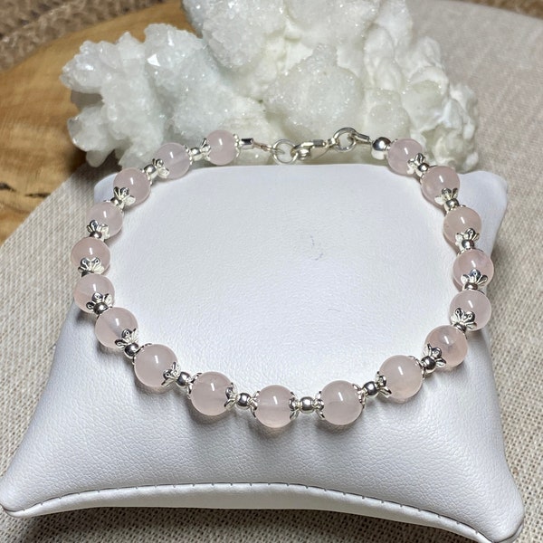 Bracelet en pierres naturelles de Quartz rose et argent 925