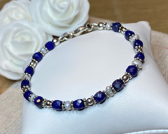 Bracelet en pierres naturelles de Lapis Lazuli et perles d'eau douce