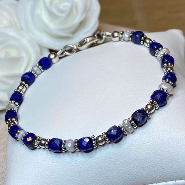 Bracelet en pierres naturelles de Lapis Lazuli et perles d'eau douce