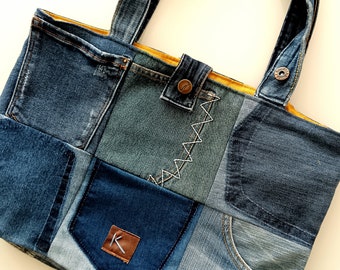 Bolsa tote ecológica de retalhos de jeans reciclado, bolsa de jeans reaproveitada