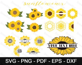 May include: A set of digital cut files featuring sunflower designs. The designs include a variety of sunflower shapes, sizes, and arrangements, including a sunflower with the text "YOUR TEXT HERE" in the center. The files are available in SVG, PNG, PDF, EPS, and DXF formats.