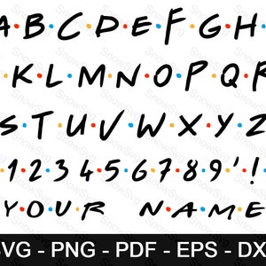 Puede incluir: Un alfabeto en blanco y negro con puntos de colores, los números del 0 al 9 y las palabras "YOUR NAME" en el mismo estilo. Las letras están en una fuente de escritura a mano, similar a la fuente utilizada en la popular serie de televisión "Friends".