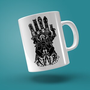 May include: White ceramic mug with a black silhouette of a hand with multiple superhero figures, including Hulk, Iron Man, and Thor.