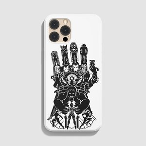May include: A white iPhone case with a black silhouette of the Avengers characters forming the shape of Thanos's gauntlet.