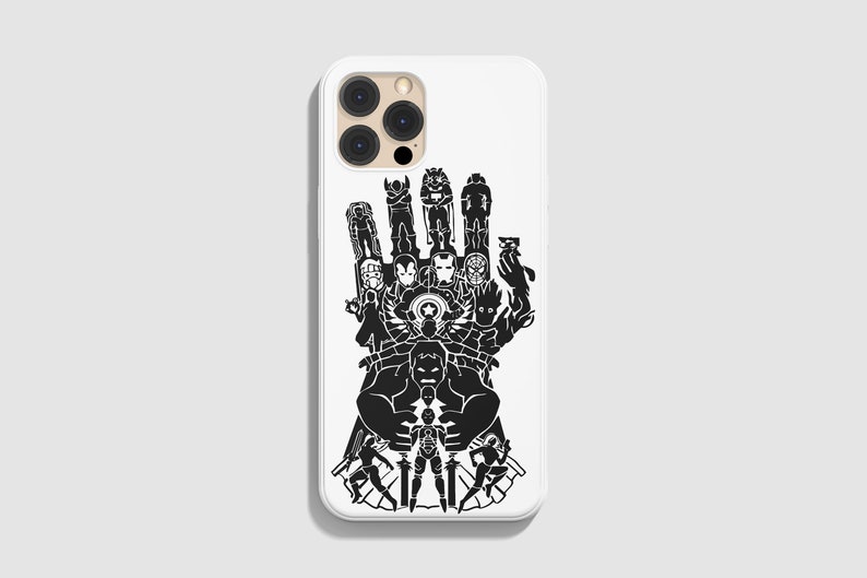 May include: A white iPhone case with a black silhouette of the Avengers characters forming the shape of Thanos's gauntlet.