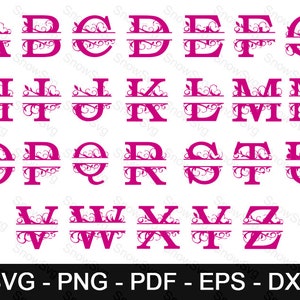 May include: A set of 26 alphabet letters in a split monogram style with a decorative floral design. The letters are in a bold, pink font and are separated by a horizontal line with a floral design.