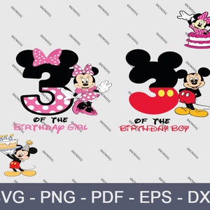May include: Two images of the number 3 with Mickey Mouse and Minnie Mouse characters. The number 3 is pink with white polka dots and Minnie Mouse is wearing a pink dress with white polka dots. The number 3 is red with white polka dots and Mickey Mouse is wearing red shorts with white polka dots. The text below each image says "of the birthday girl" and "of the birthday boy".